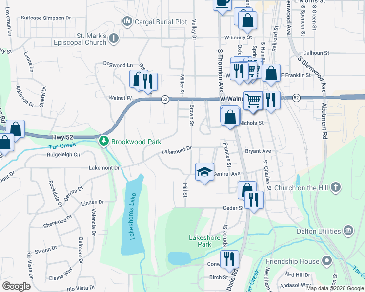 map of restaurants, bars, coffee shops, grocery stores, and more near 604 Lakemont Drive in Dalton