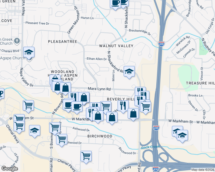 map of restaurants, bars, coffee shops, grocery stores, and more near 505 Nan Circle in Little Rock