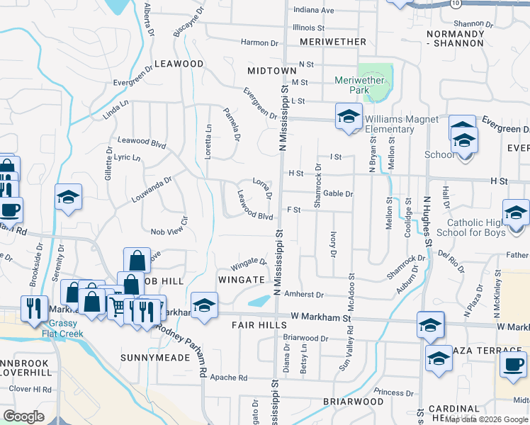 map of restaurants, bars, coffee shops, grocery stores, and more near 1 Lorna Drive in Little Rock
