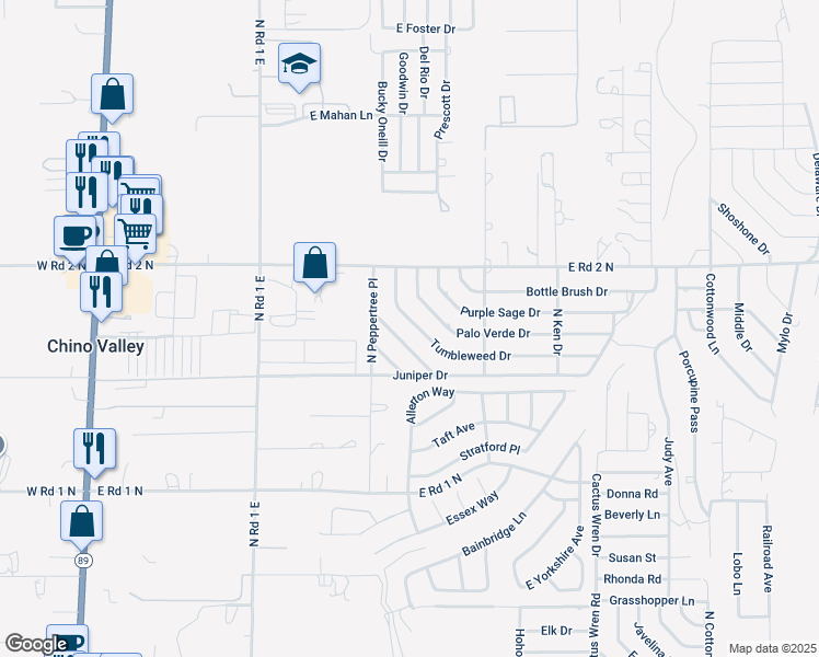 map of restaurants, bars, coffee shops, grocery stores, and more near 1335 Tumbleweed Dr in Chino Valley