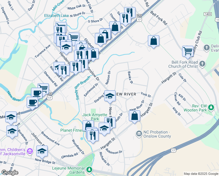 map of restaurants, bars, coffee shops, grocery stores, and more near 2284 Onslow Drive in Jacksonville