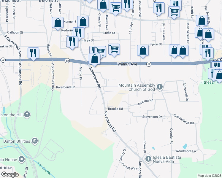 map of restaurants, bars, coffee shops, grocery stores, and more near 1110 Riverbend Drive in Dalton
