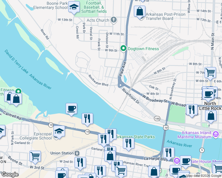 map of restaurants, bars, coffee shops, grocery stores, and more near 1118 Rockwater Boulevard in North Little Rock
