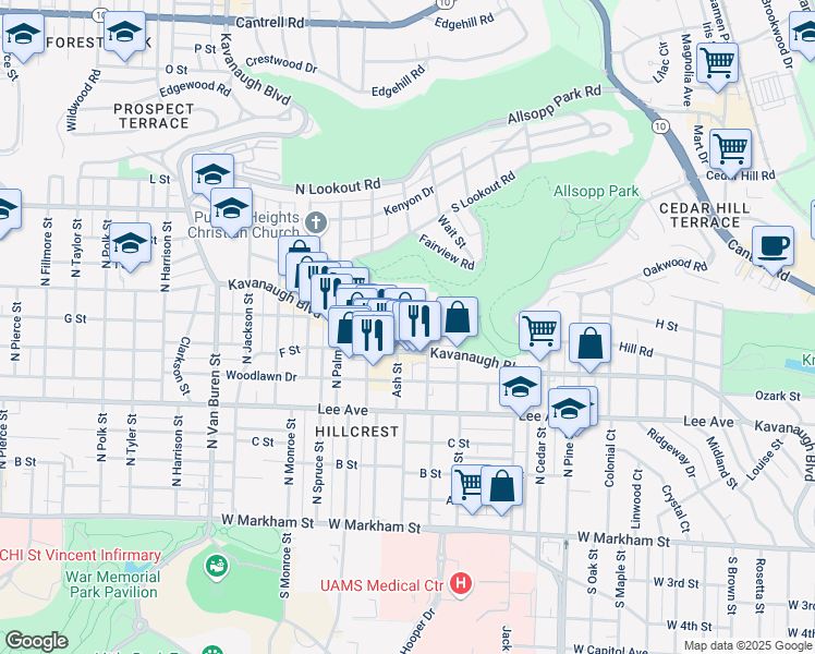 map of restaurants, bars, coffee shops, grocery stores, and more near 714 Walnut Street in Little Rock