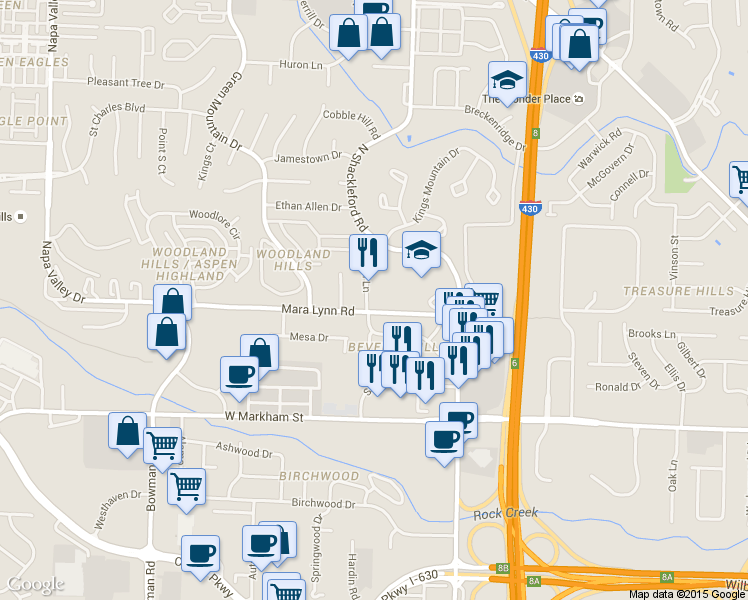 map of restaurants, bars, coffee shops, grocery stores, and more near 11124 Mara Lynn Road in Little Rock