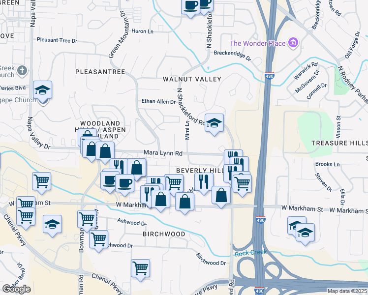 map of restaurants, bars, coffee shops, grocery stores, and more near 501 Nan Circle in Little Rock
