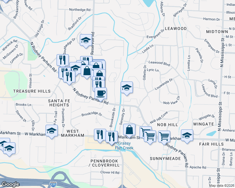 map of restaurants, bars, coffee shops, grocery stores, and more near 601 Brookside Drive in Little Rock