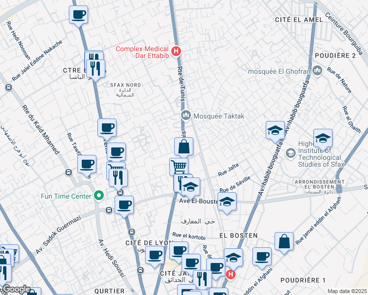 map of restaurants, bars, coffee shops, grocery stores, and more near Route de Tunis in Sfax