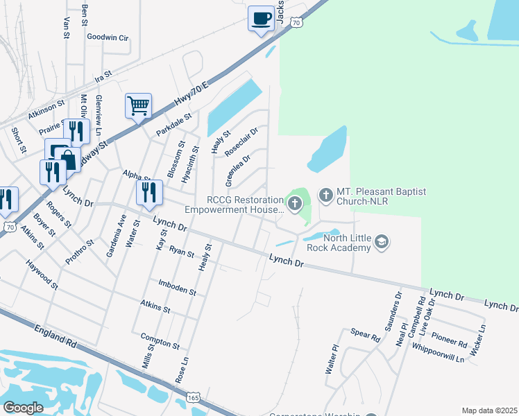 map of restaurants, bars, coffee shops, grocery stores, and more near 705 Graham Avenue in North Little Rock