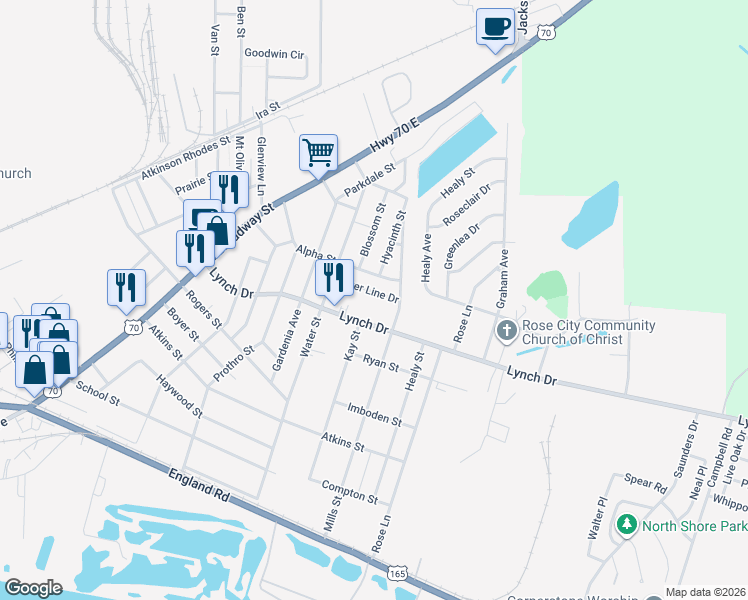 map of restaurants, bars, coffee shops, grocery stores, and more near 2 Power Line Drive in North Little Rock