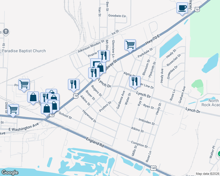 map of restaurants, bars, coffee shops, grocery stores, and more near 521 Gordon Street in North Little Rock