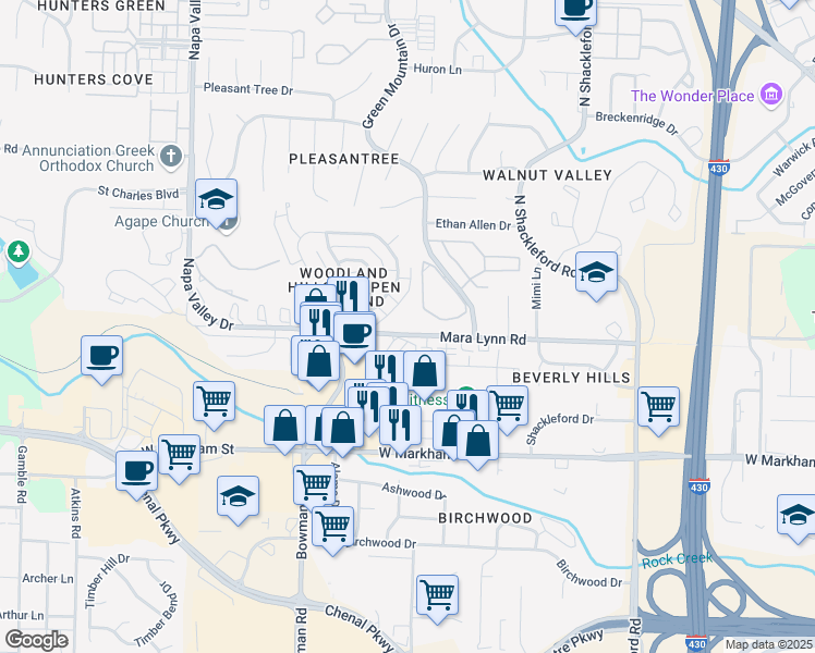 map of restaurants, bars, coffee shops, grocery stores, and more near 11600 Mara Lynn Road in Little Rock