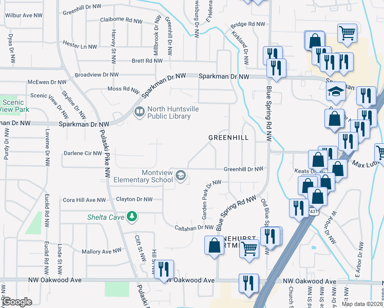 map of restaurants, bars, coffee shops, grocery stores, and more near 2728 Monticello Drive Northwest in Huntsville