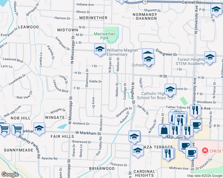map of restaurants, bars, coffee shops, grocery stores, and more near 622 North Bryan Street in Little Rock