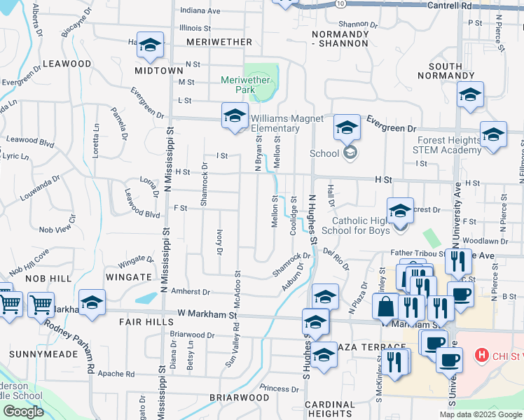 map of restaurants, bars, coffee shops, grocery stores, and more near 701 Bryant Street in Little Rock