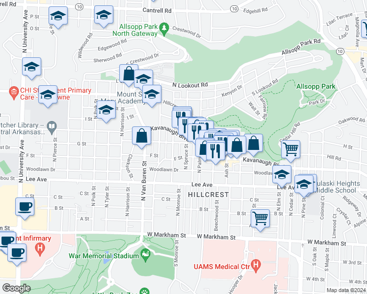 map of restaurants, bars, coffee shops, grocery stores, and more near 720 North Spruce Street in Little Rock
