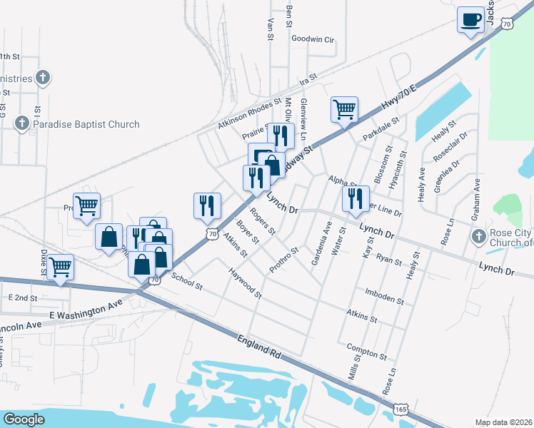 map of restaurants, bars, coffee shops, grocery stores, and more near 4501 Rogers Street in North Little Rock