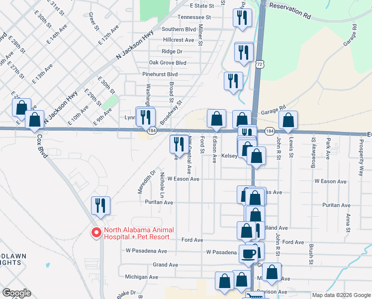 map of restaurants, bars, coffee shops, grocery stores, and more near 128 Northwest Central Avenue in Muscle Shoals