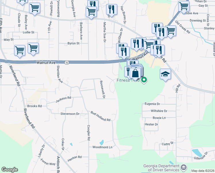 map of restaurants, bars, coffee shops, grocery stores, and more near 710 Betty Street in Dalton