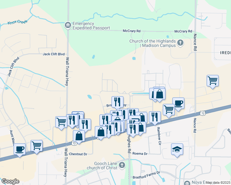 map of restaurants, bars, coffee shops, grocery stores, and more near 2150 Hughes Road in Madison