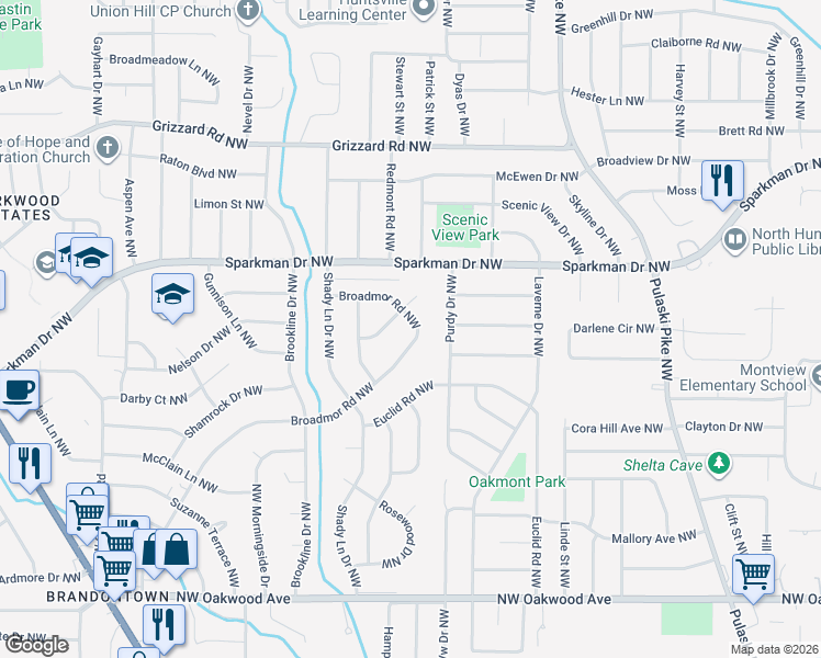 map of restaurants, bars, coffee shops, grocery stores, and more near 3707 Broadmor Road Northwest in Huntsville