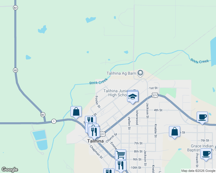 map of restaurants, bars, coffee shops, grocery stores, and more near 201 Hellen Street in Talihina