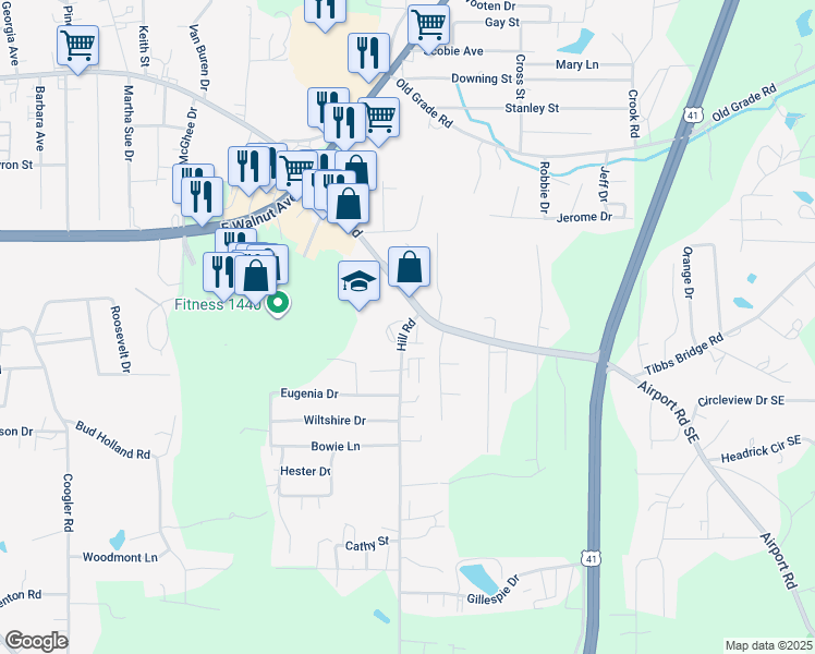 map of restaurants, bars, coffee shops, grocery stores, and more near 125 Hill Road in Dalton
