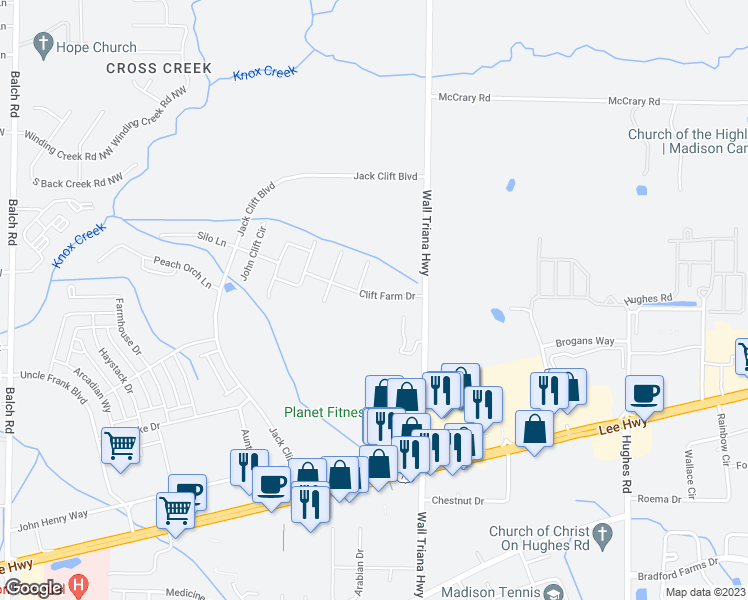 map of restaurants, bars, coffee shops, grocery stores, and more near 6046 Wall Triana Highway in Madison