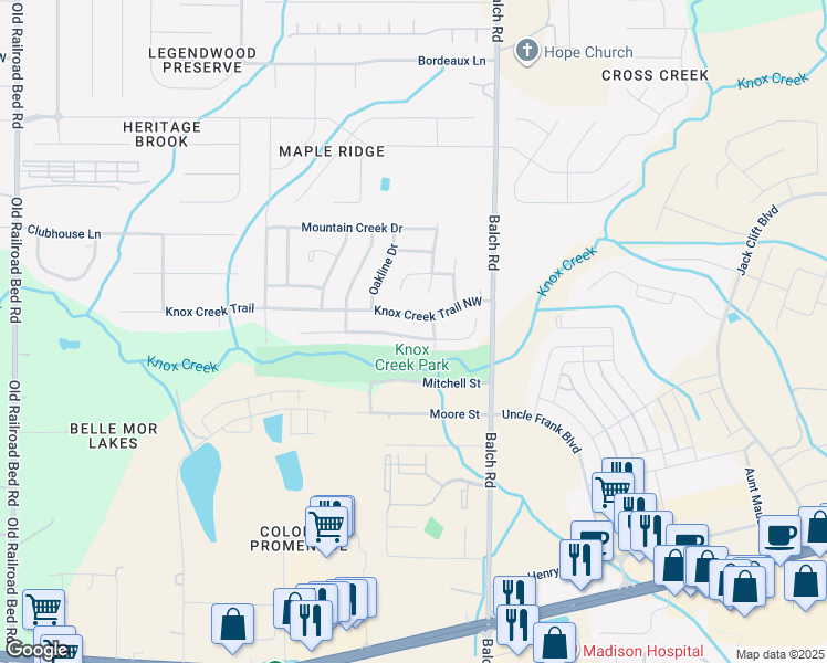 map of restaurants, bars, coffee shops, grocery stores, and more near 132 Sandy Hollow Drive Northwest in Madison