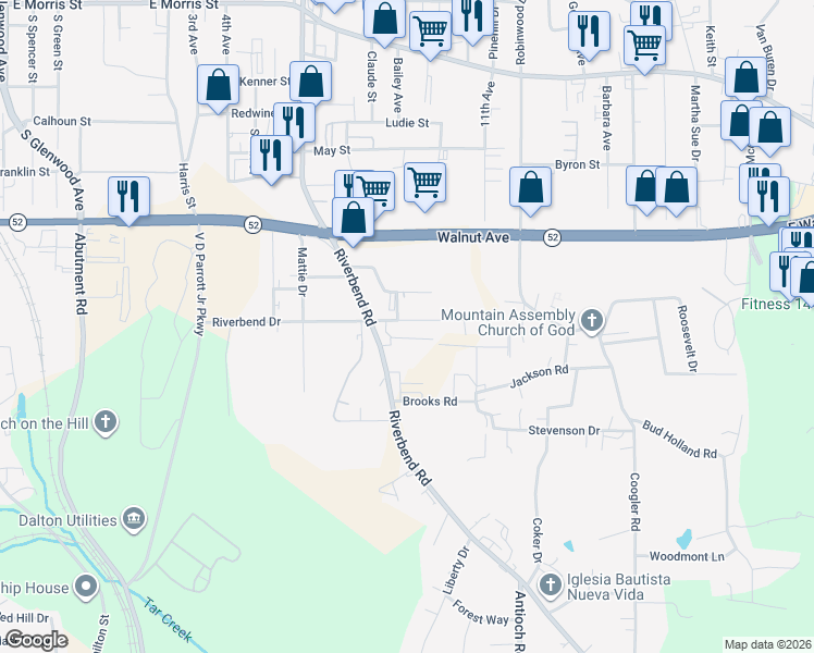 map of restaurants, bars, coffee shops, grocery stores, and more near 1110 Riverbend Drive in Dalton