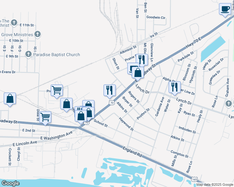 map of restaurants, bars, coffee shops, grocery stores, and more near 4423 East Broadway Street in North Little Rock