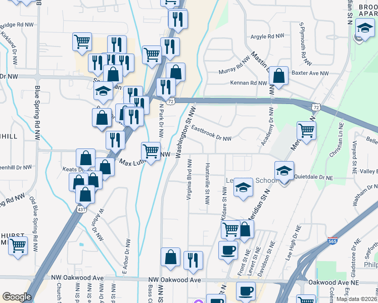 map of restaurants, bars, coffee shops, grocery stores, and more near 2616 Virginia Boulevard Northwest in Huntsville