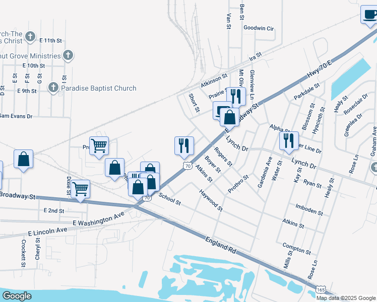 map of restaurants, bars, coffee shops, grocery stores, and more near 4423 East Broadway Street in North Little Rock