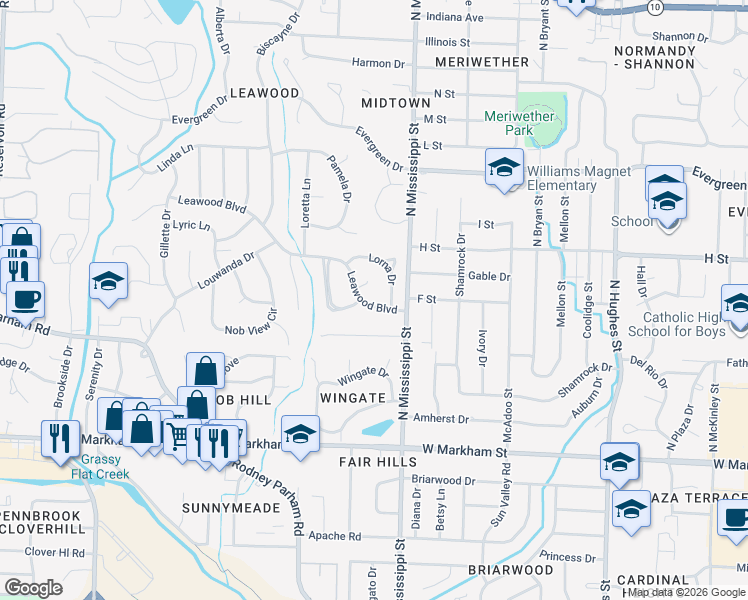 map of restaurants, bars, coffee shops, grocery stores, and more near 1 Lorna Drive in Little Rock
