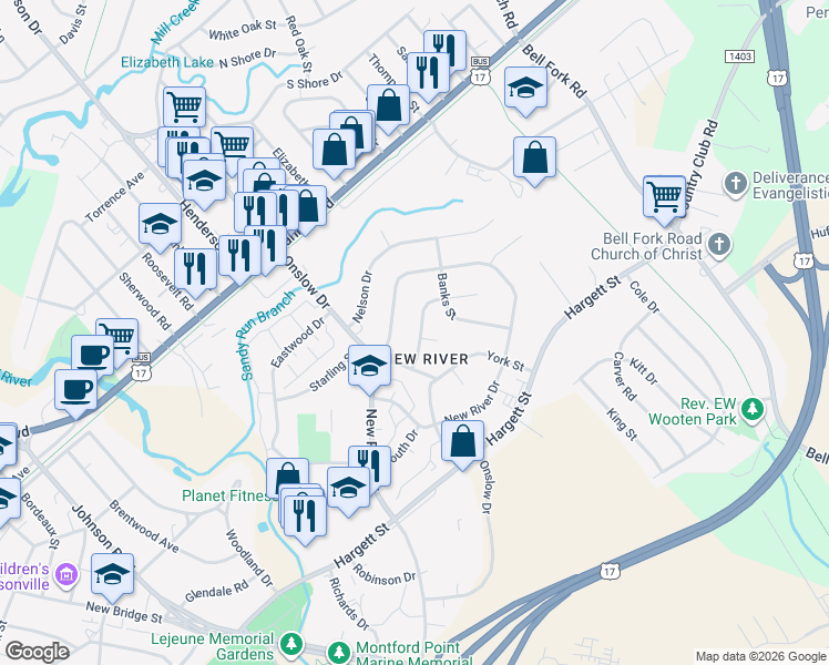 map of restaurants, bars, coffee shops, grocery stores, and more near 402 New River Drive in Jacksonville