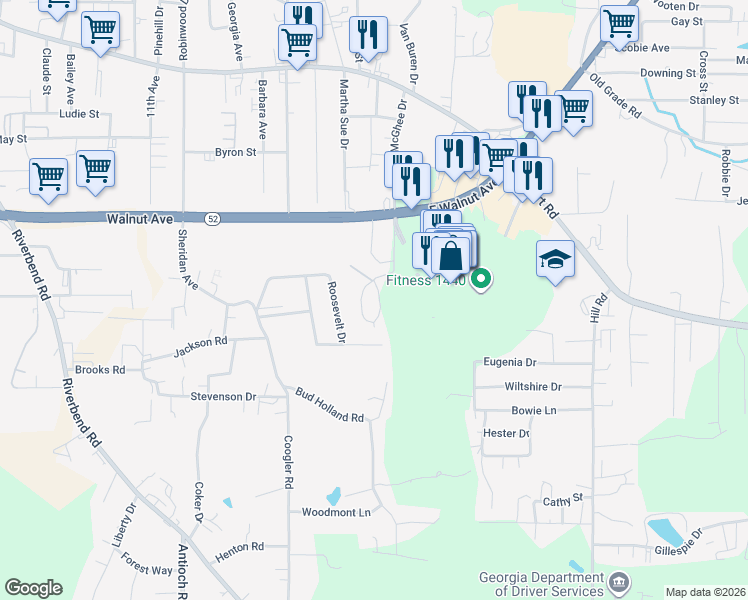 map of restaurants, bars, coffee shops, grocery stores, and more near 710 Betty Street in Dalton