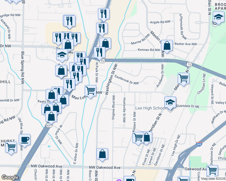 map of restaurants, bars, coffee shops, grocery stores, and more near 2616 Virginia Boulevard Northwest in Huntsville