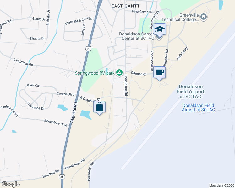map of restaurants, bars, coffee shops, grocery stores, and more near A Ad Asbury Road in Greenville