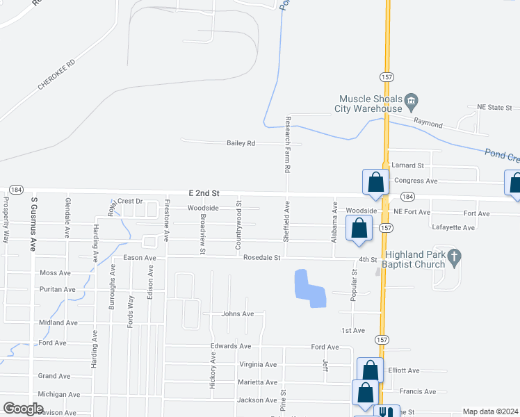 map of restaurants, bars, coffee shops, grocery stores, and more near Woodside St in Muscle Shoals