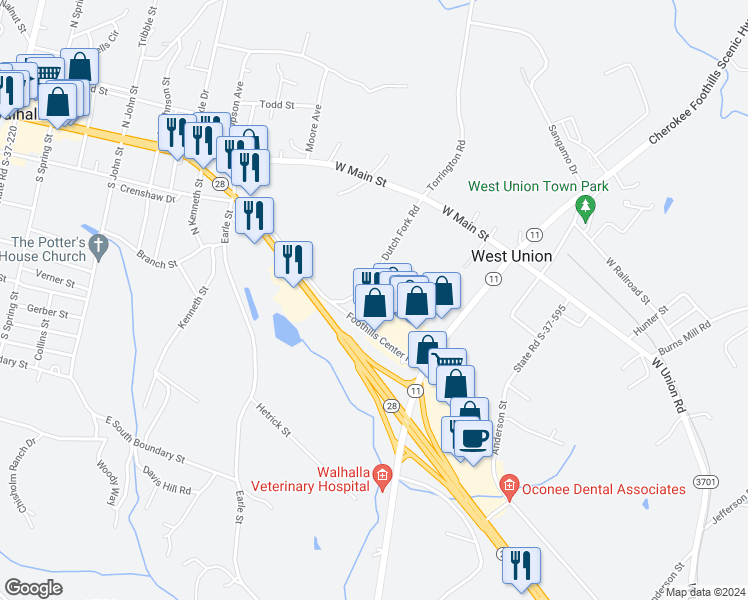map of restaurants, bars, coffee shops, grocery stores, and more near 345 Dutch Fork Road in West Union