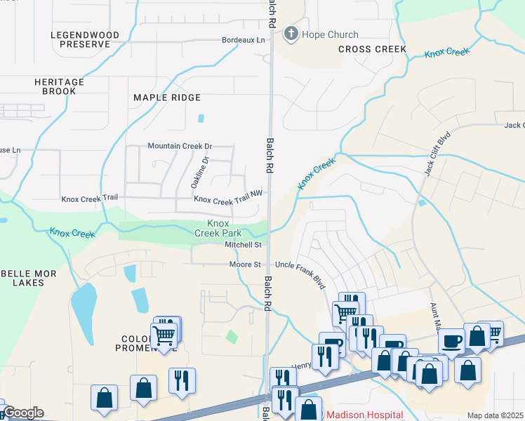 map of restaurants, bars, coffee shops, grocery stores, and more near 107 Sandy Hollow Drive Northwest in Madison