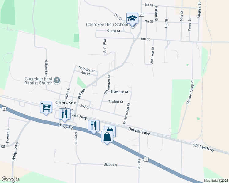 map of restaurants, bars, coffee shops, grocery stores, and more near 1446 Shawnee Street in Cherokee