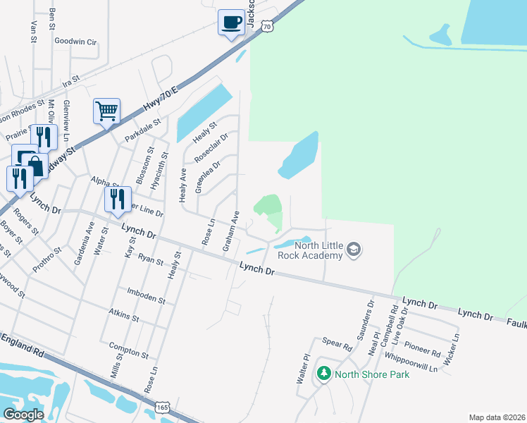 map of restaurants, bars, coffee shops, grocery stores, and more near 5800 Alpha Street in North Little Rock