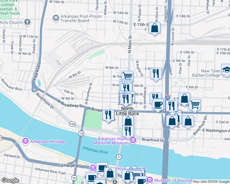 map of restaurants, bars, coffee shops, grocery stores, and more near 210 West 5th Street in North Little Rock