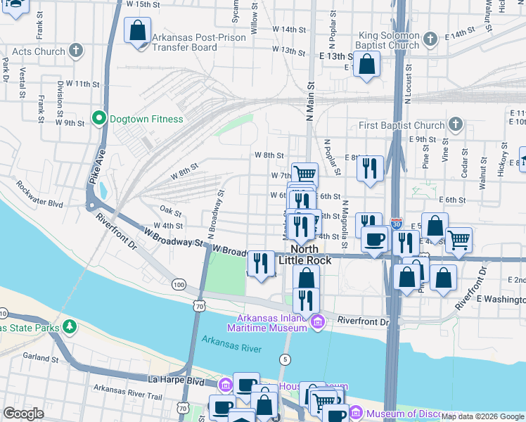 map of restaurants, bars, coffee shops, grocery stores, and more near 420 Willow Street in North Little Rock