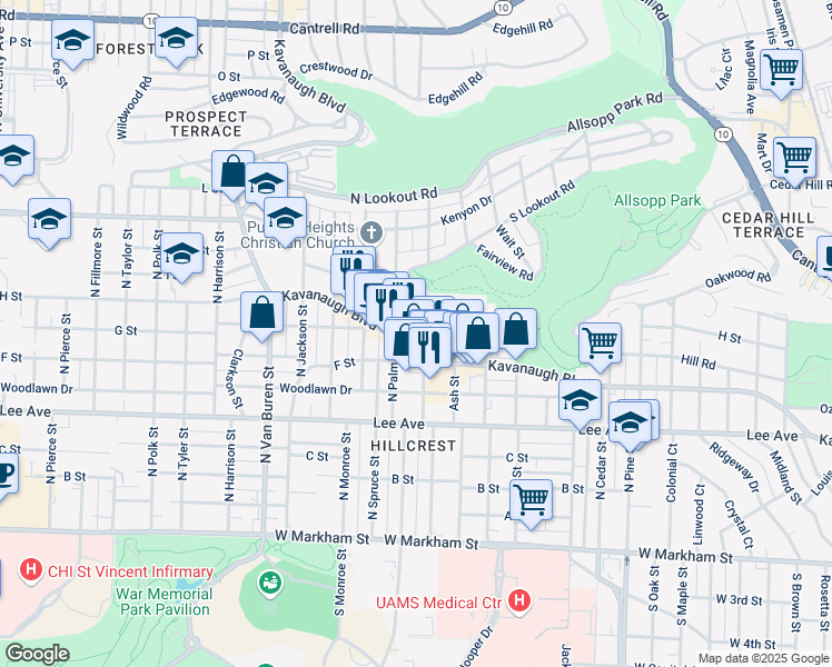 map of restaurants, bars, coffee shops, grocery stores, and more near 2821 Kavanaugh Boulevard in Little Rock