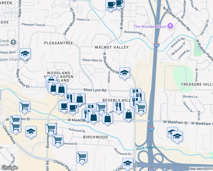 map of restaurants, bars, coffee shops, grocery stores, and more near 501 Nan Circle in Little Rock