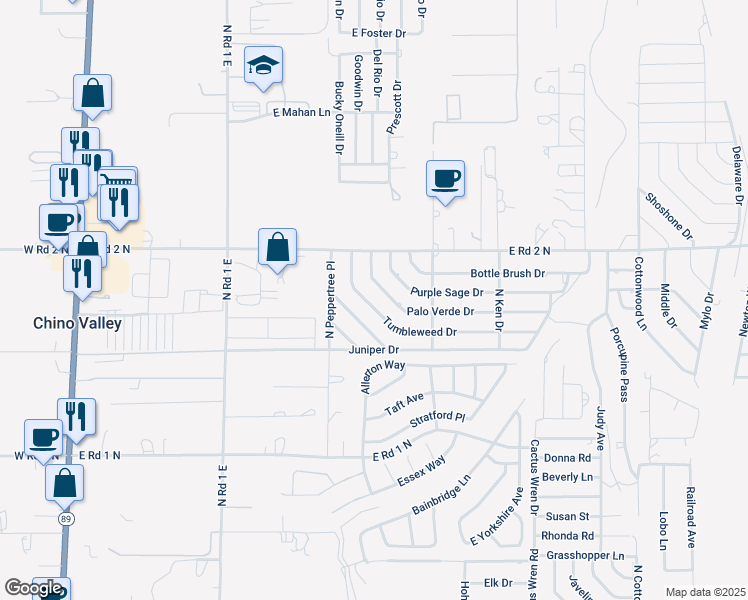 map of restaurants, bars, coffee shops, grocery stores, and more near 1335 Tumbleweed Drive in Chino Valley