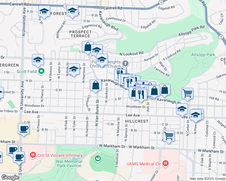 map of restaurants, bars, coffee shops, grocery stores, and more near 724 North Monroe Street in Little Rock