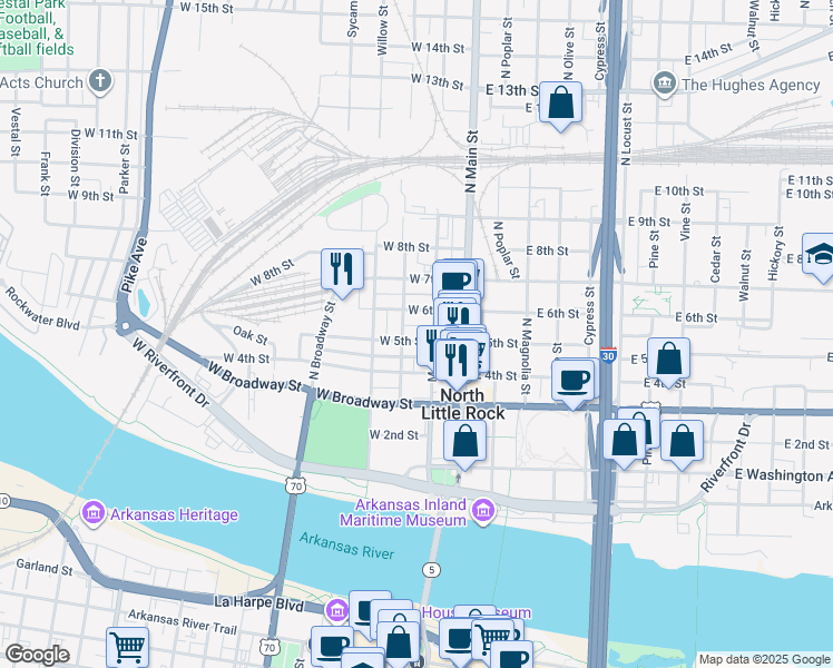 map of restaurants, bars, coffee shops, grocery stores, and more near 210 West 5th Street in North Little Rock
